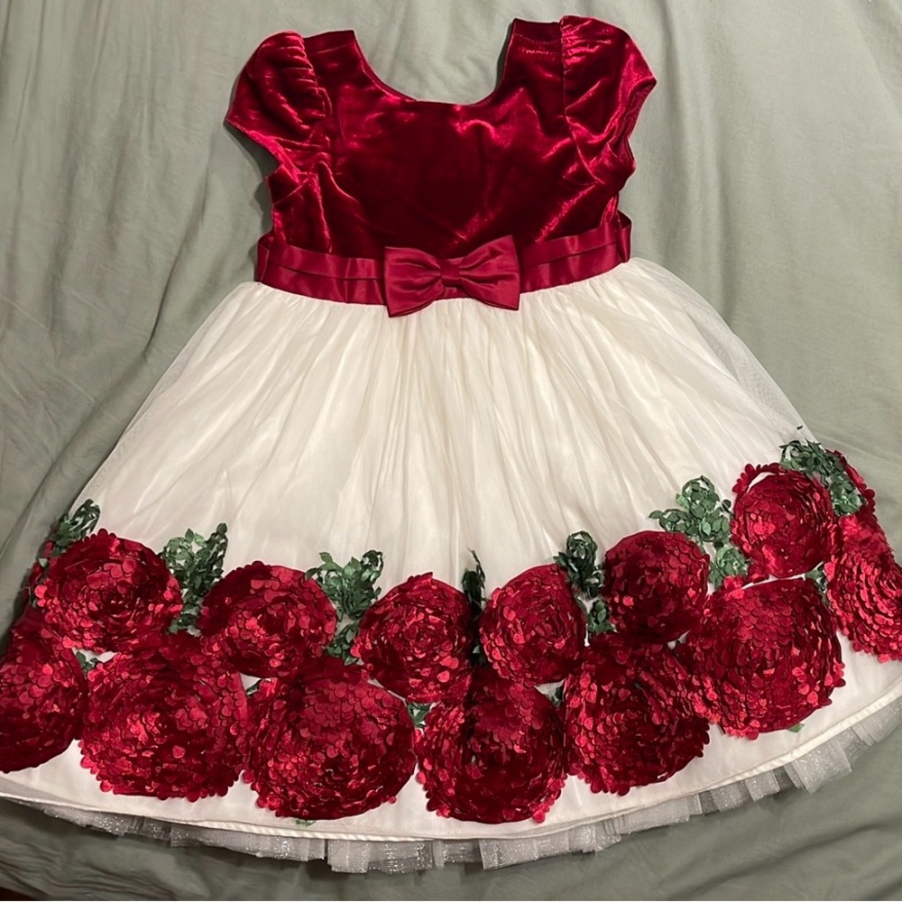 Holiday Red and White Floral Dress with Bow 4T